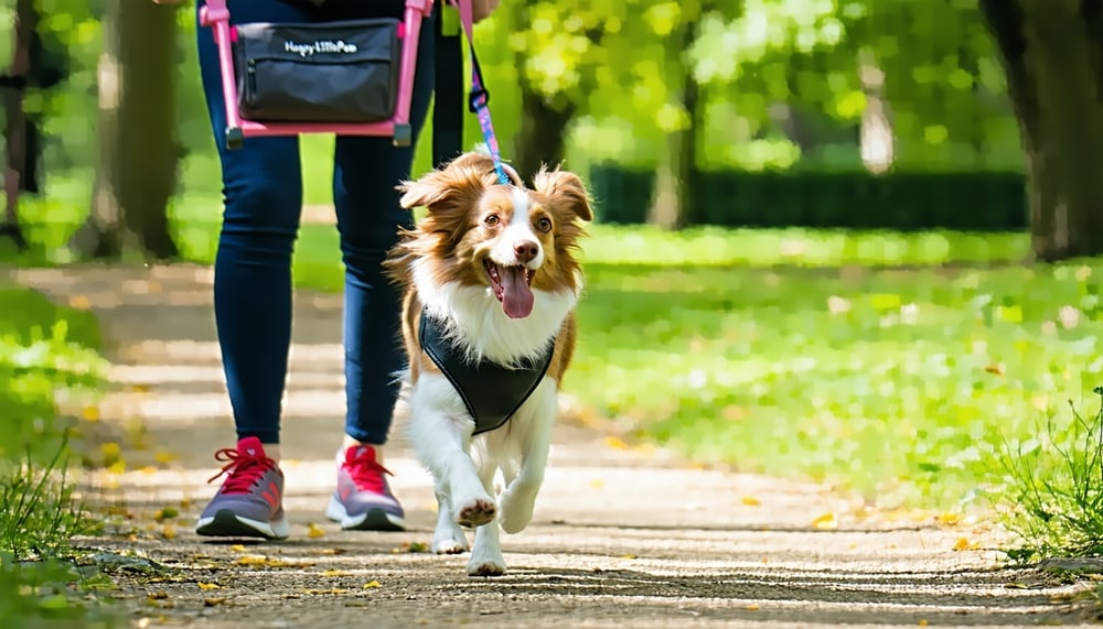 A joyful dog enjoying a walk in the park with a HappyLittlePaws walker. A joyful dog enjoying a walk in the park with a HappyLittlePaws walker.