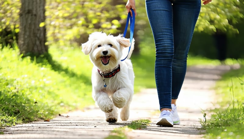 A happy dog being walked by a HappyLittlePaws professional. A happy dog being walked by a HappyLittlePaws professional.